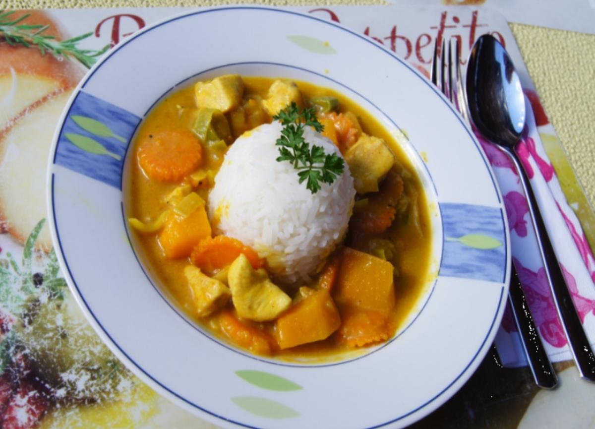 Hähnchenbrustfilet-Kürbis-Curry im Wok mit Reis - Rezept - Bild Nr. 598