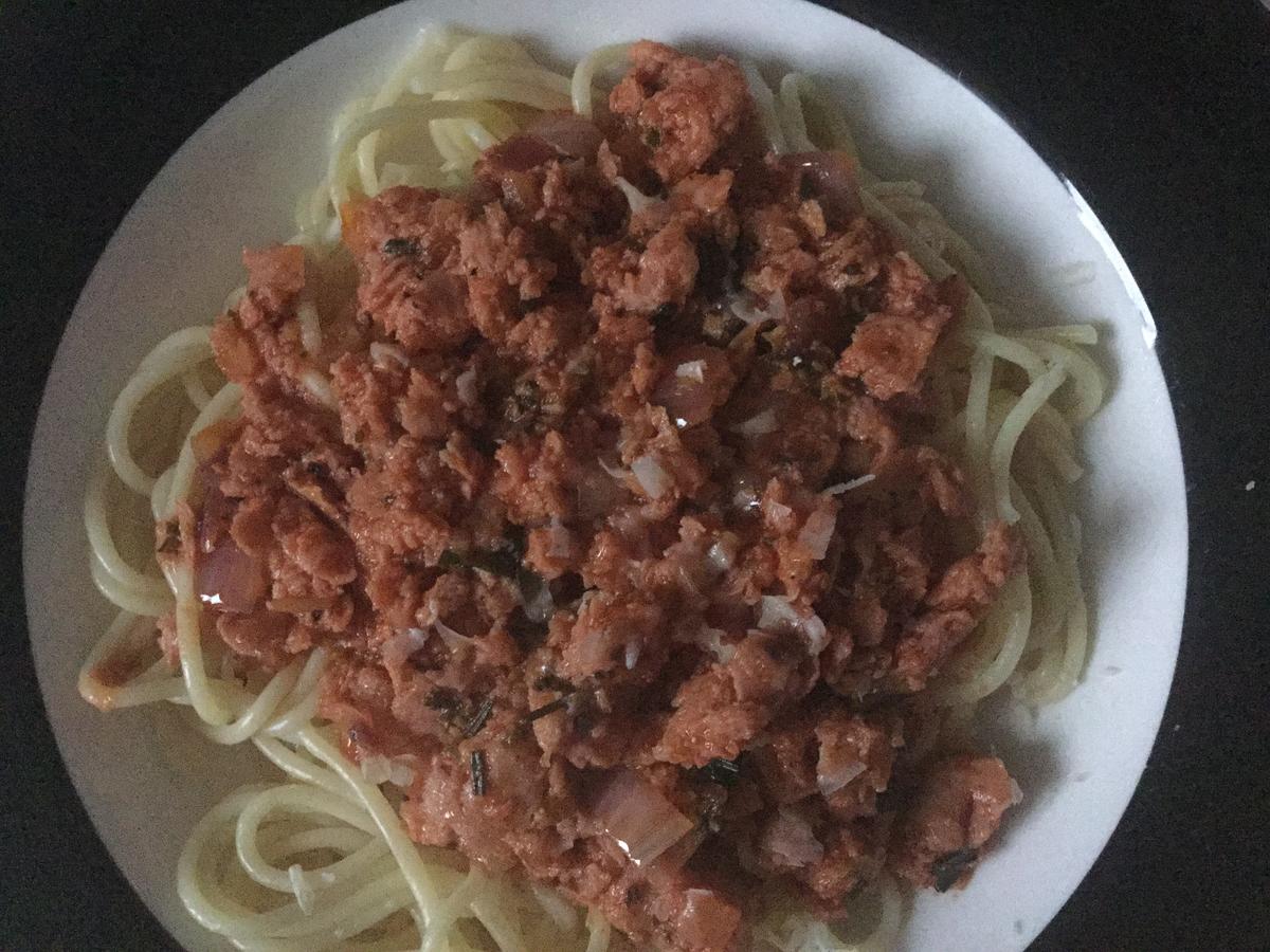 Frühstücksfleisch mit Tomatenmark an Spaghetti - Rezept - Bild Nr. 603