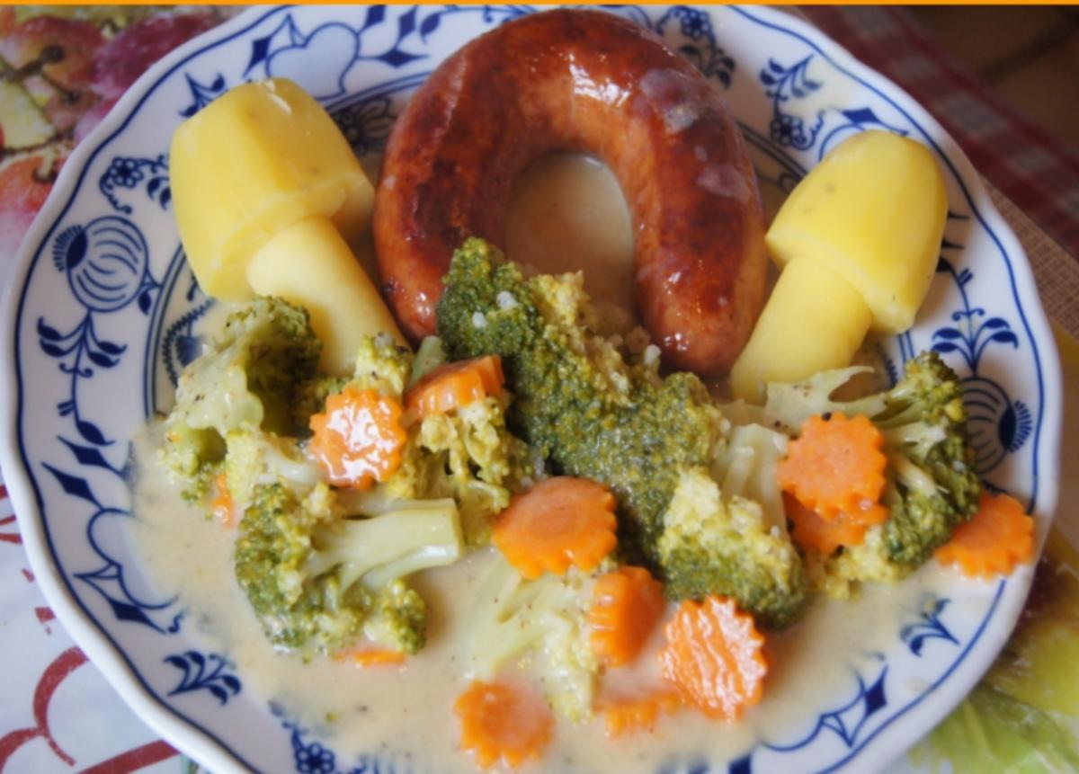 Brägenwurst mit Möhren-Brokkoli-Gemüse und Kartoffelpilzen - Rezept - Bild Nr. 603