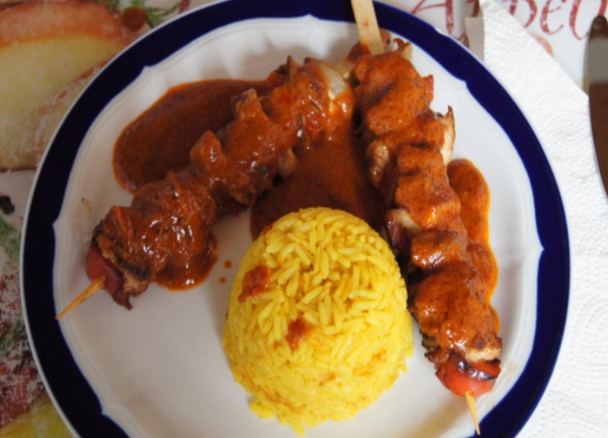 Bilder für Schaschlik-Putenspieße mit Currysauce und Curry-Reis - Rezept