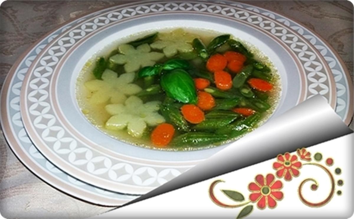 Bilder für Grüne Bohnensuppe mit „Kartoffelblüten“ auf Geflügelbouillon-Basis - Rezept