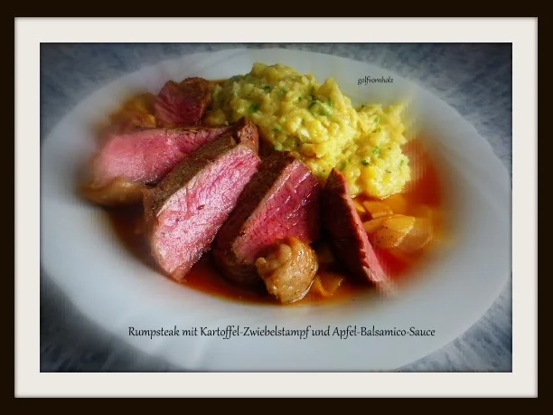 Rumpsteak mit Zwiebel-Kartoffelstampf und Balsamico-Apfel-Sauce - Rezept - Bild Nr. 1036