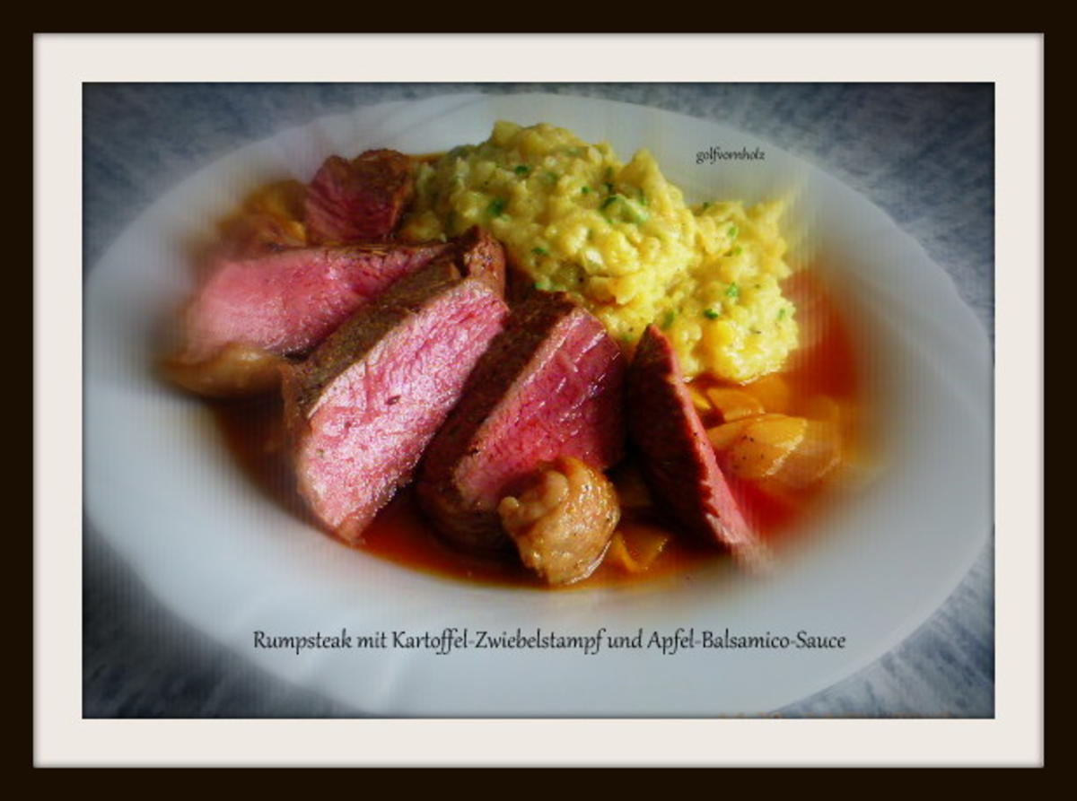 Bilder für Rumpsteak mit Zwiebel-Kartoffelstampf und Balsamico-Apfel-Sauce - Rezept