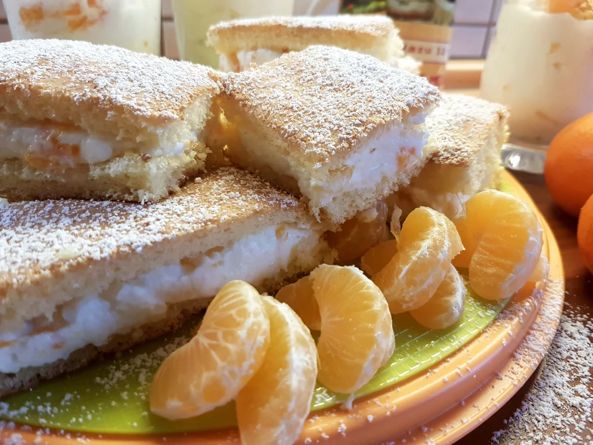 Mazu 12, Quark-Mandarine-Sahne-Schnitten, Biskuitboden - Rezept - Bild Nr. 1063