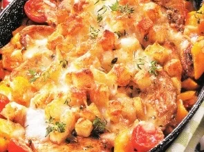 Schnitzel Auflauf mit Brot Käse Kruste - Rezept