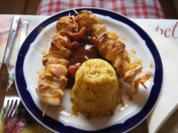 Rezept: Hähnchenbrustfilet-Zwiebel-Schaschlik mit Currysauce süß-sauer und Zwiebel-Curry-Reis Bild Nr. 1147 Hähnchenbrustfilet-Zwiebel-Schaschlik mit Currysauce süß-sauer und Zwiebel-Curry-Reis - Rezept - Bild Nr. 1147