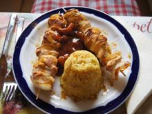 Hähnchenbrustfilet-Zwiebel-Schaschlik mit Currysauce süß-sauer und Zwiebel-Curry-Reis - Rezept - Bild Nr. 1147