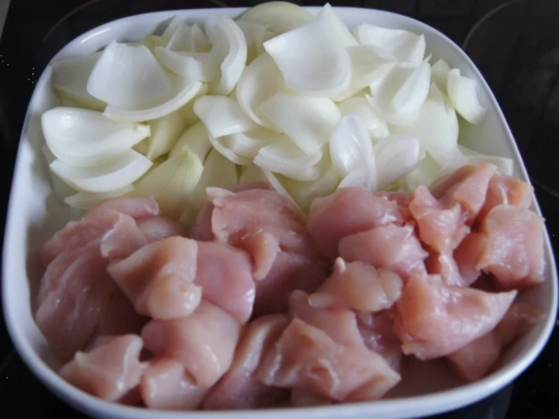 Hähnchenbrustfilet-Zwiebel-Schaschlik mit Currysauce süß-sauer und Zwiebel-Curry-Reis - Rezept - Bild Nr. 1149