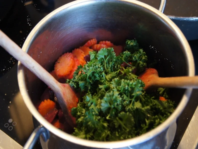 Gebratene Spinat-Semmelknödel mit Rote-Bete-Möhren-Gemüse und Rührei - Rezept - Bild Nr. 1133