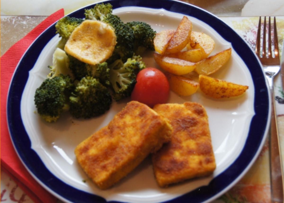 Bilder für Tofuschnitzel mit Brokkoli und gebratenen Kartoffelspalten - Rezept