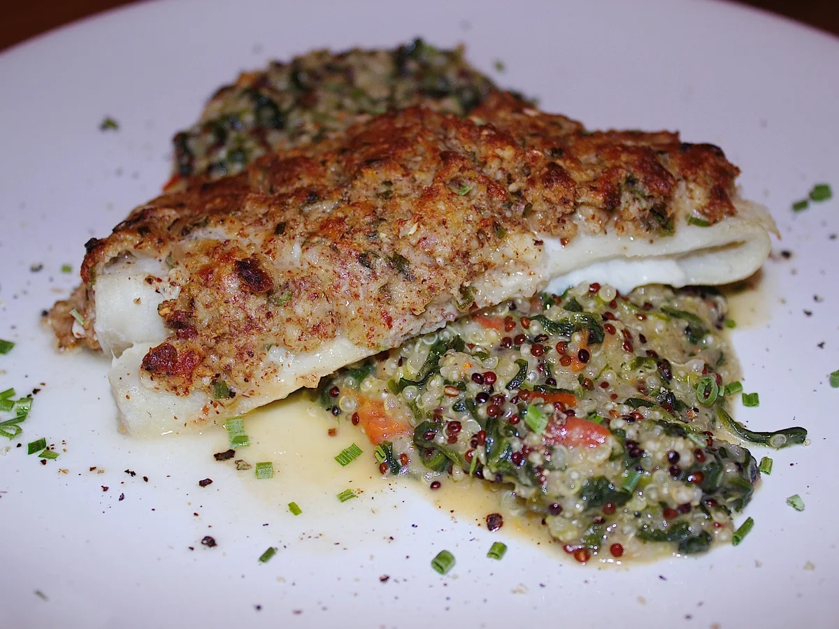 Überbackener Seelachs mit Knusperkruste und Quinoa-Risotto - Rezept