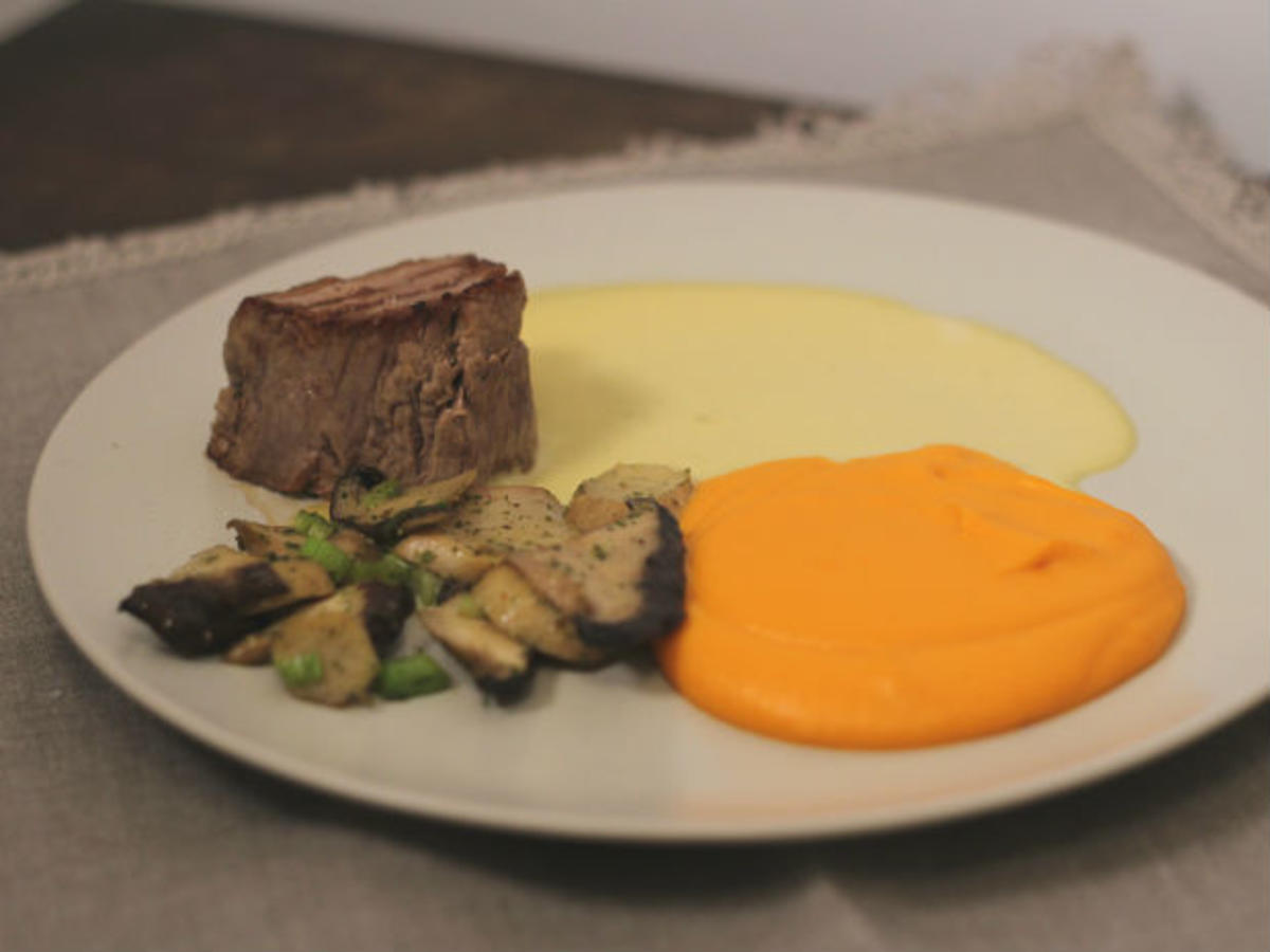 Bilder für Kalbsfilet mit Süßkartoffel und Kräuterseitlingen - Rezept