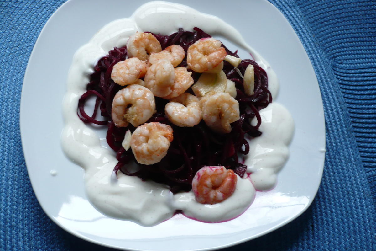 Rote - Bete - Spaghetti mit Shrimps - Rezept