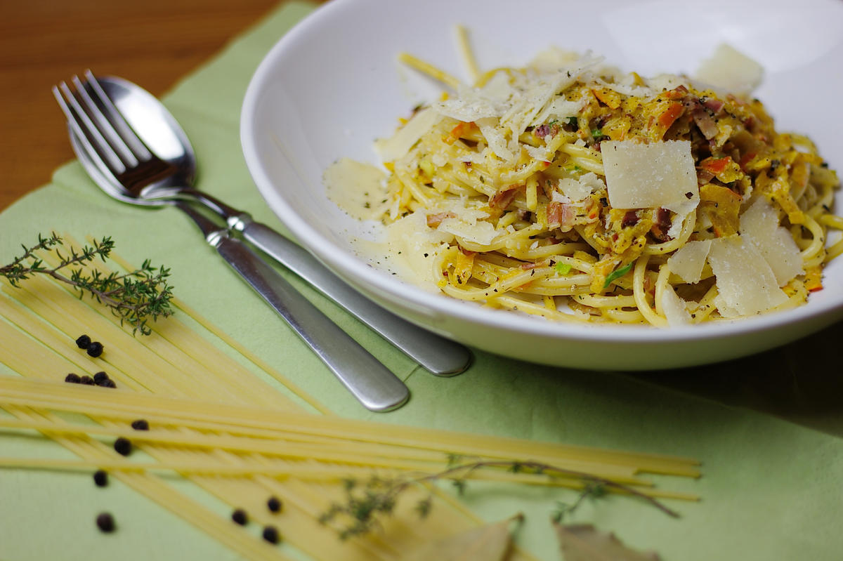 Kürbis-Weißwein-Specksoße mit Spaghetti - Rezept - Bild Nr. 2