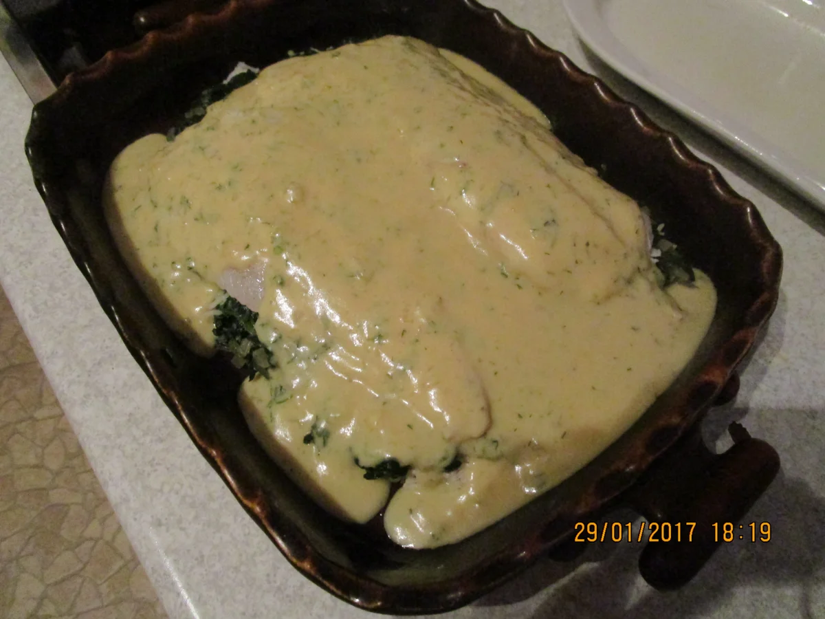 Rezept: Auflauf: Kabeljau mit Honig-Senfsauce und Spinat Bild Nr. 1731 Auflauf: Kabeljau mit Honig-Senfsauce und Spinat - Rezept - Bild Nr. 1731