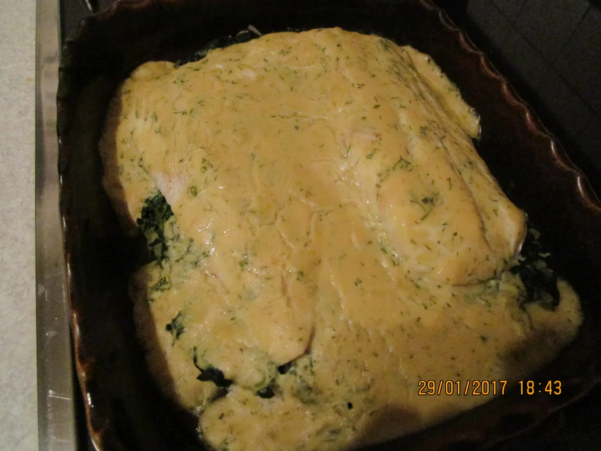 Rezept: Auflauf: Kabeljau mit Honig-Senfsauce und Spinat Bild Nr. 1733 Auflauf: Kabeljau mit Honig-Senfsauce und Spinat - Rezept - Bild Nr. 1733