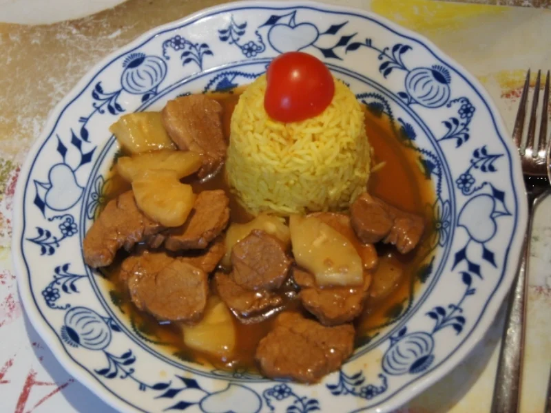 Rezept: Schweinefilet-Ananas-Wok mit Curry-Basmatireis Bild Nr. 1738 Schweinefilet-Ananas-Wok mit Curry-Basmatireis - Rezept - Bild Nr. 1738