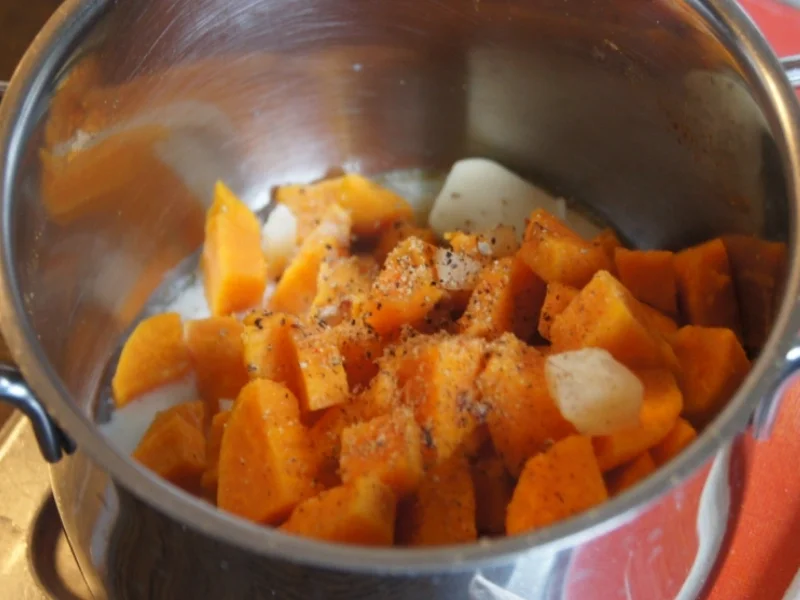 Rezept: Hähnchenbrustfiletcurry mit Gemüse und Süßkartoffelstampf Bild Nr. 2015 Hähnchenbrustfiletcurry mit Gemüse und Süßkartoffelstampf - Rezept - Bild Nr. 2015