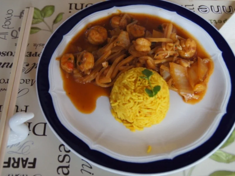 Garnelen-Gemüse-Wok süß-sauer mit Curry Basmati Reis - Rezept - Bild Nr. 2176