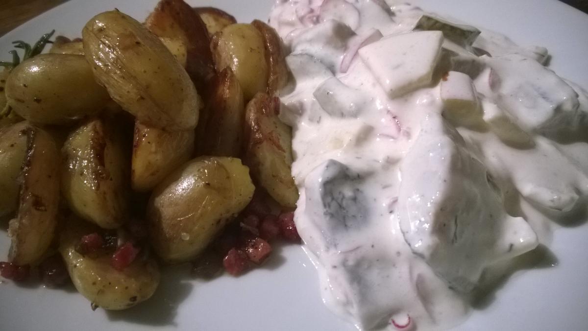 Heringsfilet oder Heringsstipp in Dill - Jogurt - Sahne Sauce, mit Speck Kartoffeln - Rezept - Bild Nr. 6