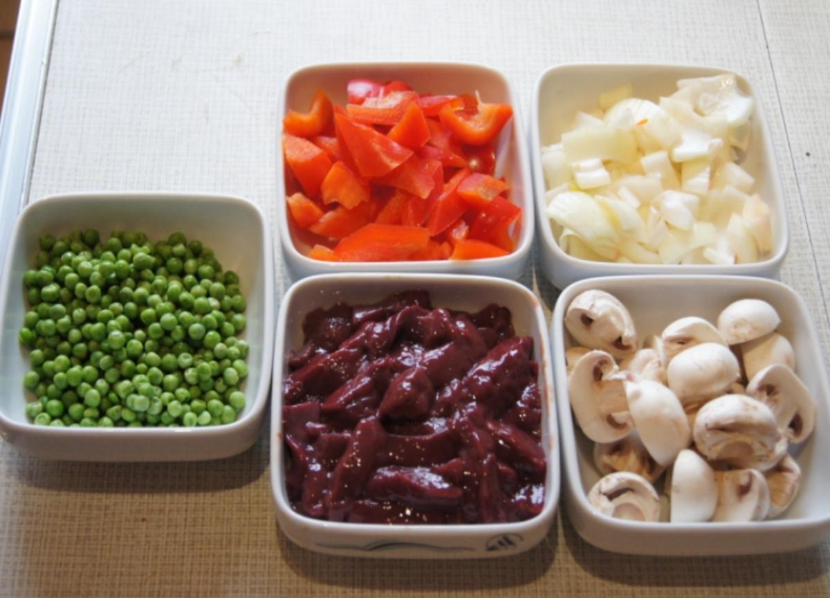 Kalbsleber im Wok mit Gemüse und Curryreis mit Erbsen - Rezept - Bild Nr. 2324