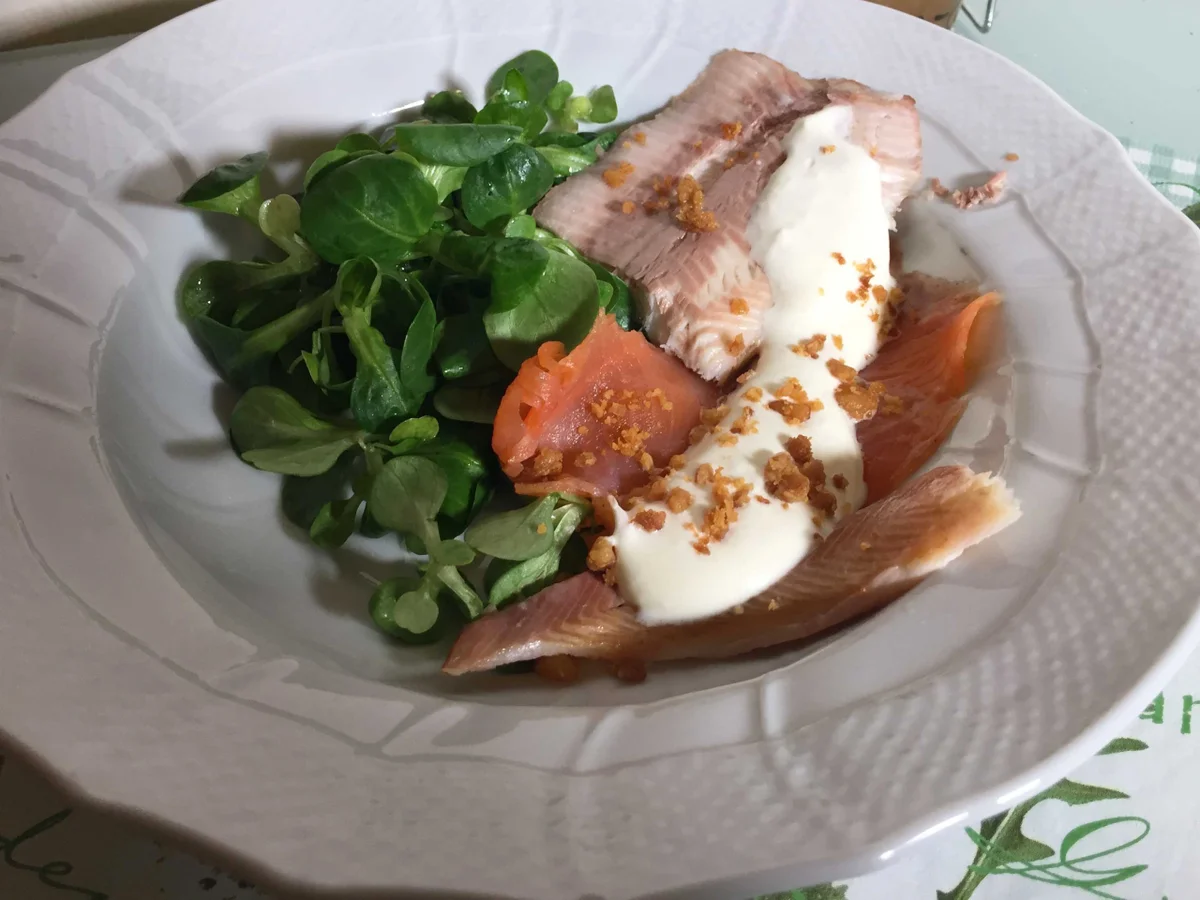 Zweierlei Lachsforelle auf Feldsalat mit Meerrettich-Schaum und Speckgrieben - Rezept - Bild Nr. 2376
