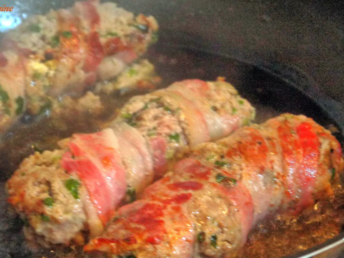 Rezept: Gefüllte Hackfleischröllchen im Baconmantel mit Bärlauch-Kartoffelpüree Bild Nr. 14 Gefüllte Hackfleischröllchen im Baconmantel mit Bärlauch-Kartoffelpüree - Rezept - Bild Nr. 14