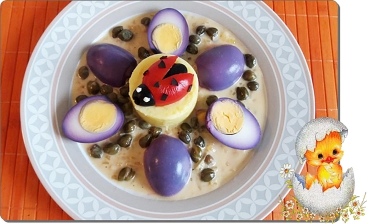 „Marienkäfer“ auf Kartoffeltürmchen und  Violett-Eiern mit       Kapernsauce - Rezept - Bild Nr. 2443
