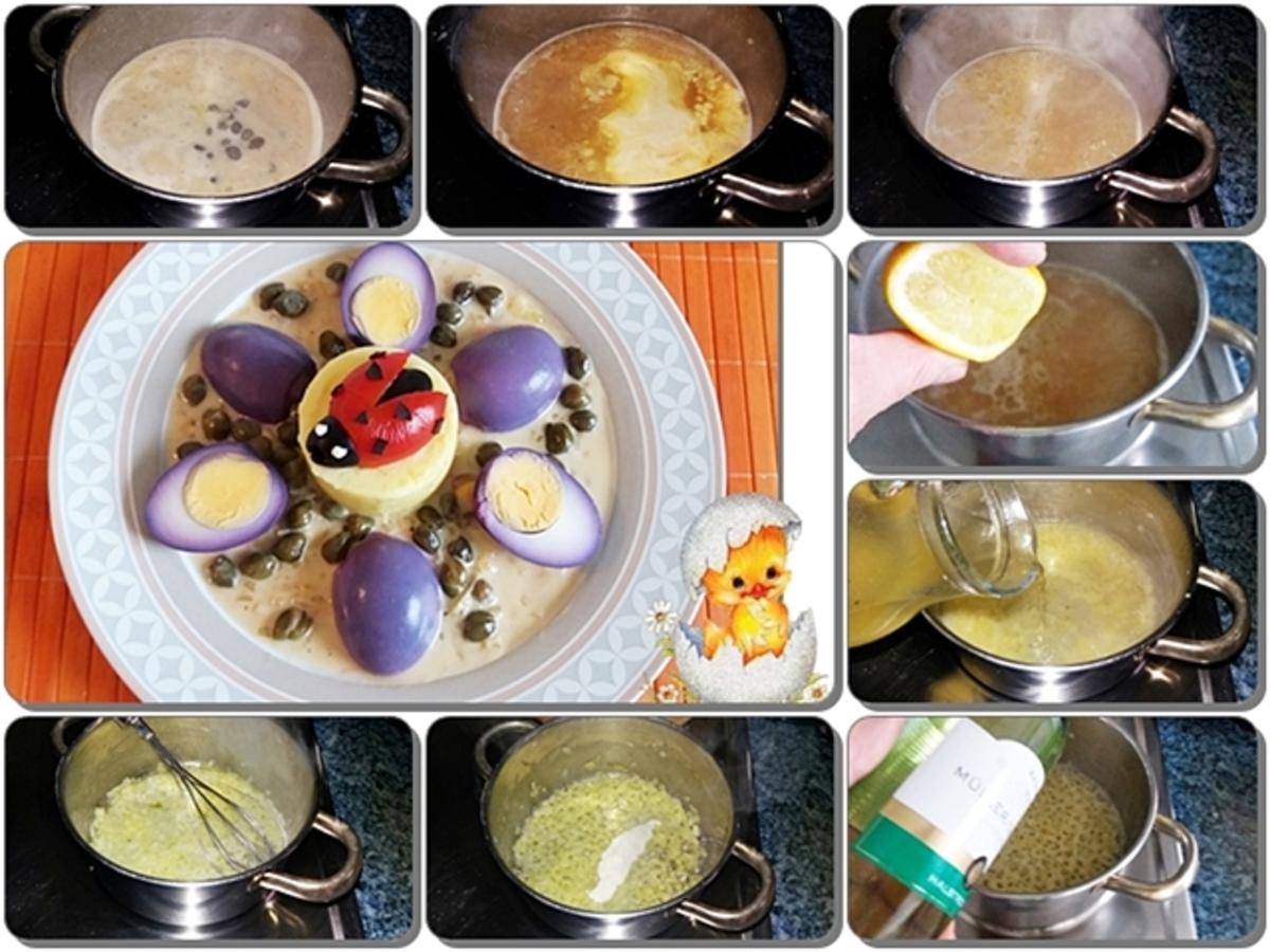 „Marienkäfer“ auf Kartoffeltürmchen und  Violett-Eiern mit       Kapernsauce - Rezept - Bild Nr. 2454