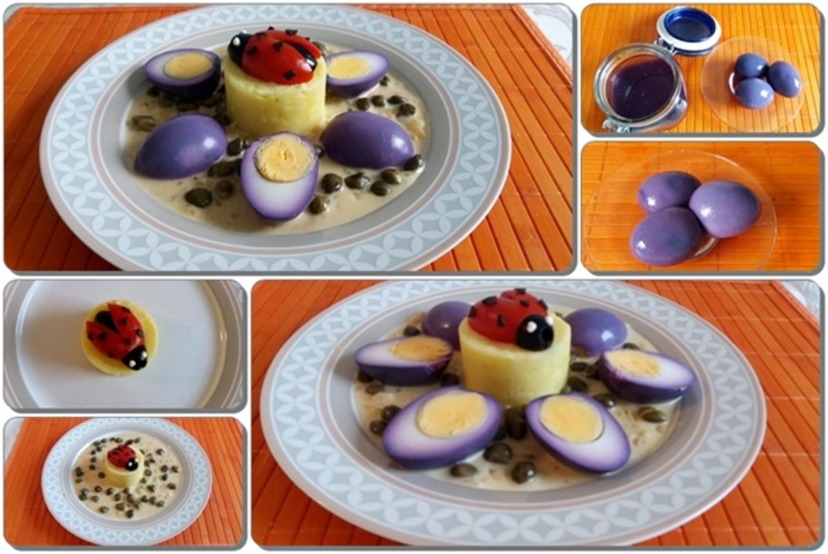 „Marienkäfer“ auf Kartoffeltürmchen und  Violett-Eiern mit       Kapernsauce - Rezept - Bild Nr. 2459