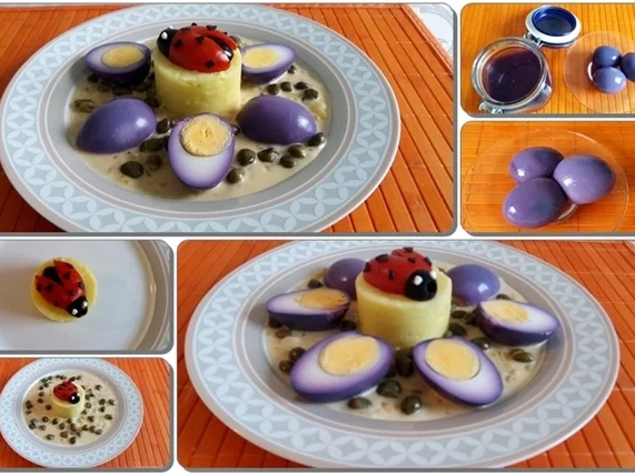 Rezept: „Marienkäfer“ auf Kartoffeltürmchen und Violett-Eiern mit Kapernsauce Bild Nr. 2459 „Marienkäfer“ auf Kartoffeltürmchen und Violett-Eiern mit Kapernsauce - Rezept - Bild Nr. 2459