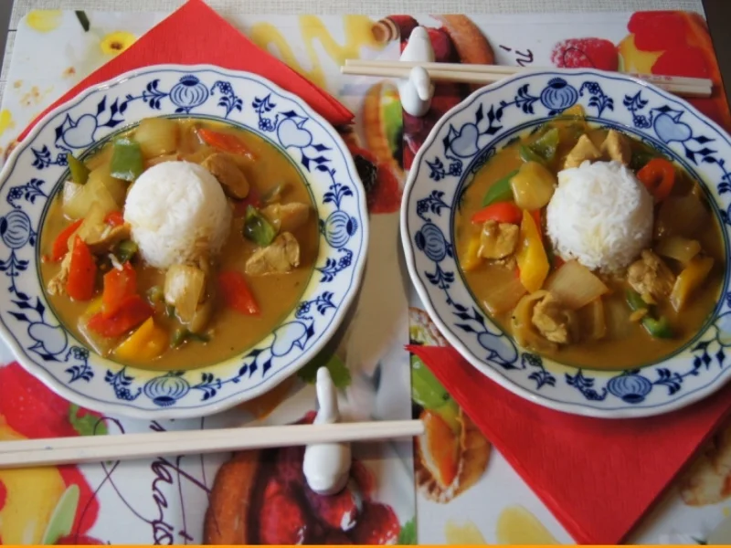 Gemüsecurry mit Hähnchenbrustfilet im Wok und Basmatireis - Rezept - Bild Nr. 2820