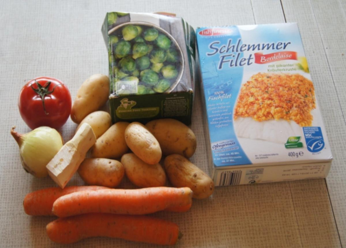 Schlemmerfilet Bordelaise mit Rosenkohl und Kartoffel-Möhren-Meerrettich-Stampf - Rezept - Bild Nr. 2991
