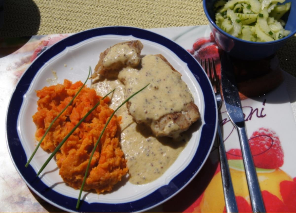 Bilder für Fischfilet mit Senfsauce, Möhren-Süßkartoffel-Meerrettich-Stampf und Gurkensalat - Rezept