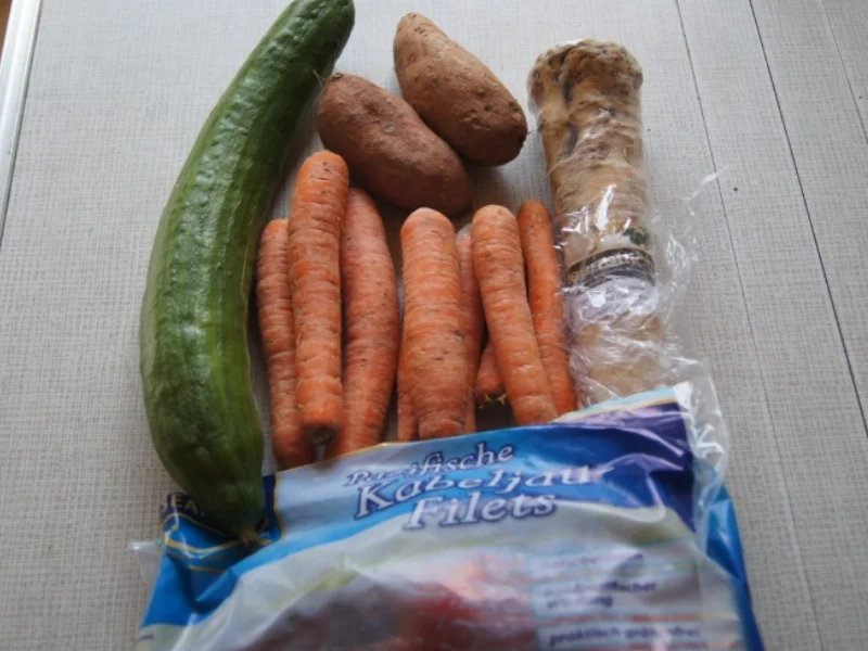 Rezept: Fischfilet mit Senfsauce, Möhren-Süßkartoffel-Meerrettich-Stampf und Gurkensalat Bild Nr. 3063 Fischfilet mit Senfsauce, Möhren-Süßkartoffel-Meerrettich-Stampf und Gurkensalat - Rezept - Bild Nr. 3063