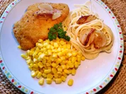 Maisgemüse mit Hähnchen Cordon bleu und Spaghetti - Rezept - Bild Nr. 3269