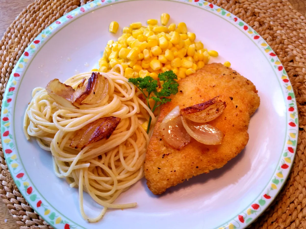 Rezept: Maisgemüse mit Hähnchen Cordon bleu und Spaghetti Bild Nr. 3273 Maisgemüse mit Hähnchen Cordon bleu und Spaghetti - Rezept - Bild Nr. 3273