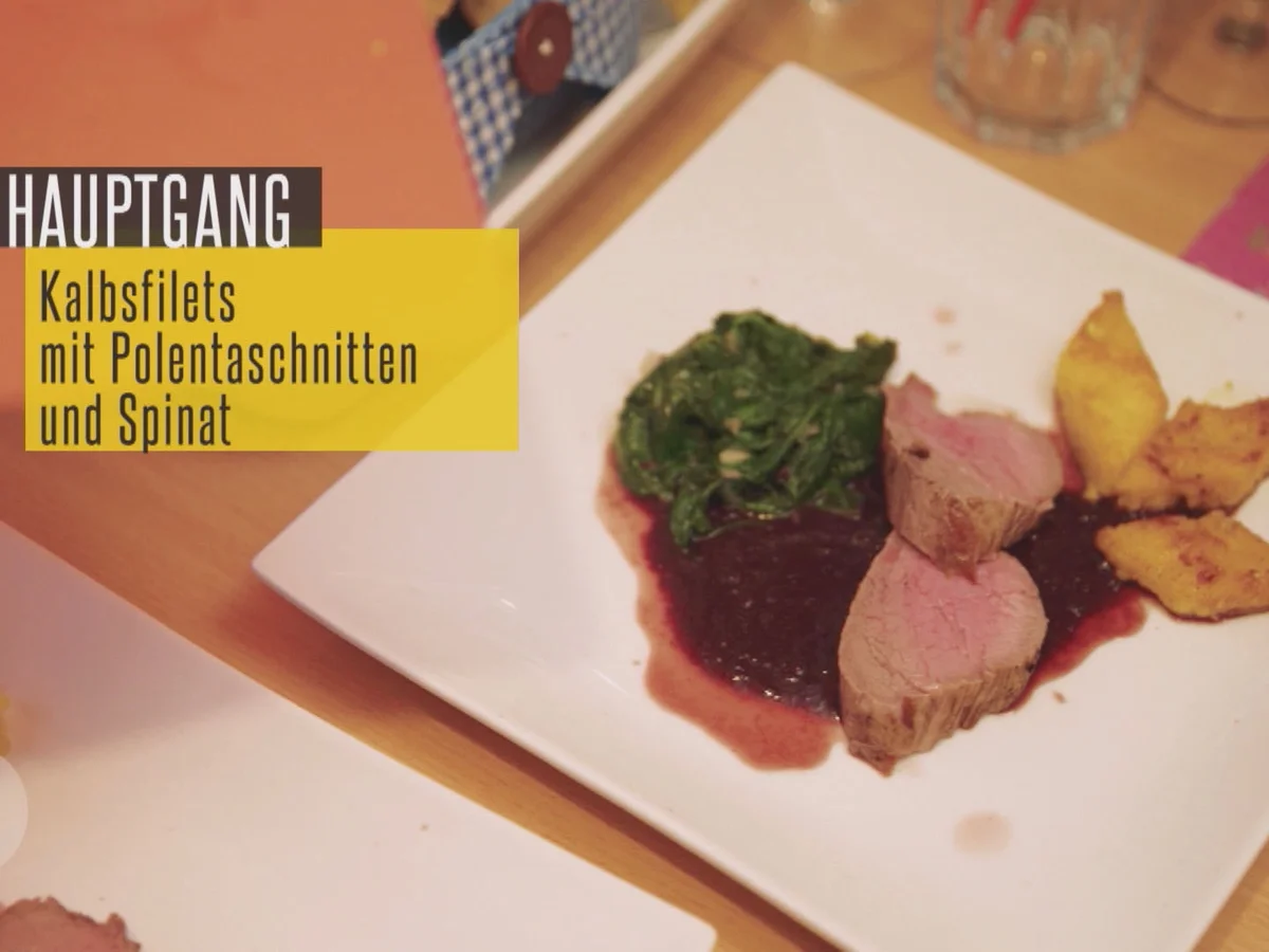 Kalbsfilet auf Portweinsauce mit Polentaschnitten und Babyspinat - Rezept - Bild Nr. 2