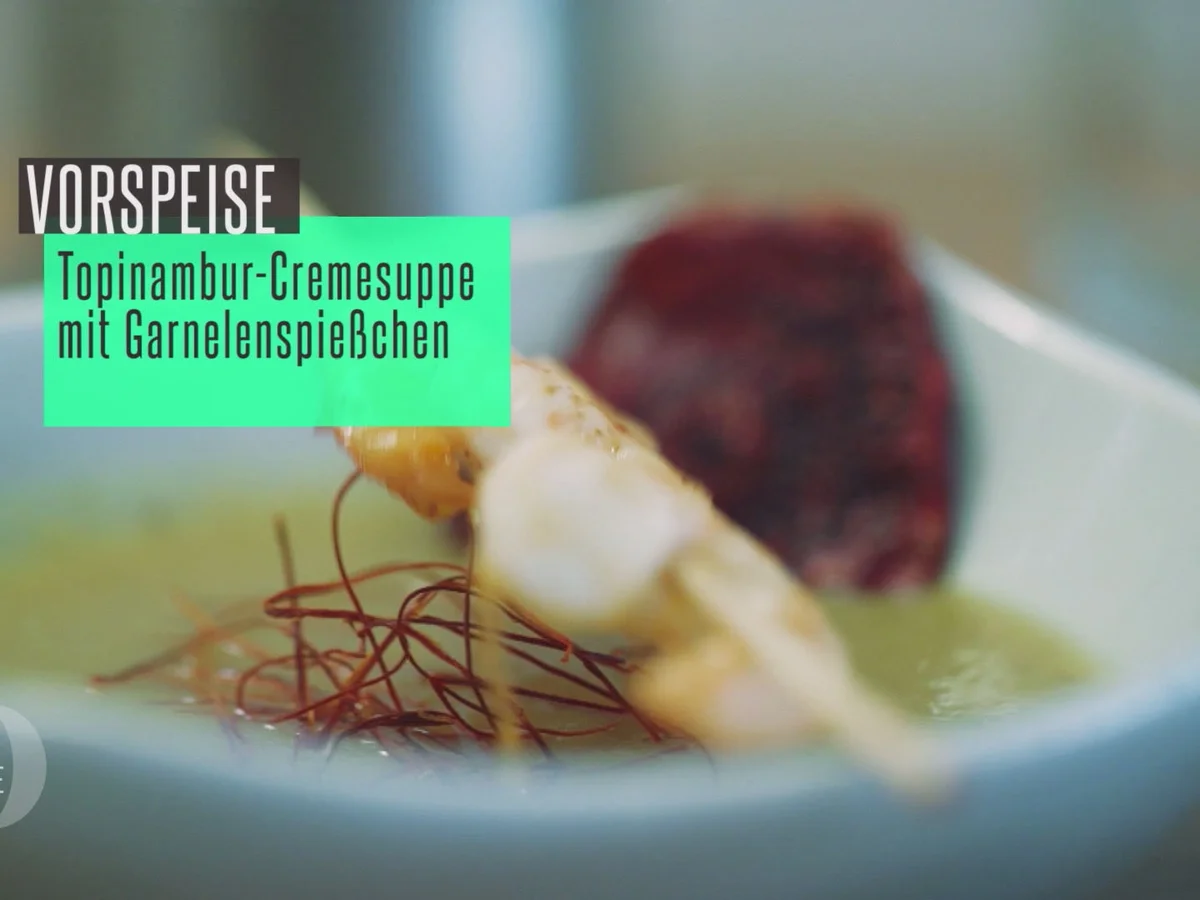 Rezept: Topinambur-Cremesuppe mit Garnelenspießen Bild Nr. 3440 Topinambur-Cremesuppe mit Garnelenspießen - Rezept - Bild Nr. 3440