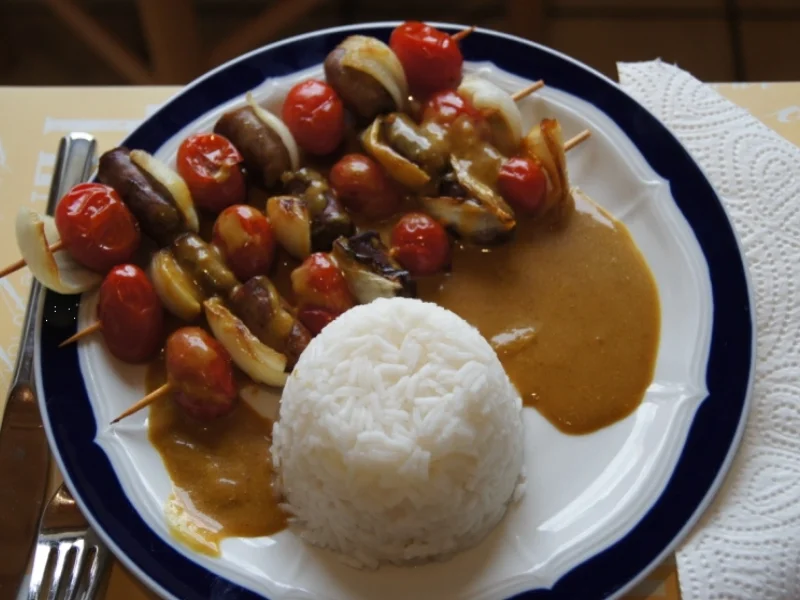 Würstchen-Gemüse-Spieße mit Curry-Rahm-Sauce, Reis und gemischten Salat - Rezept - Bild Nr. 8