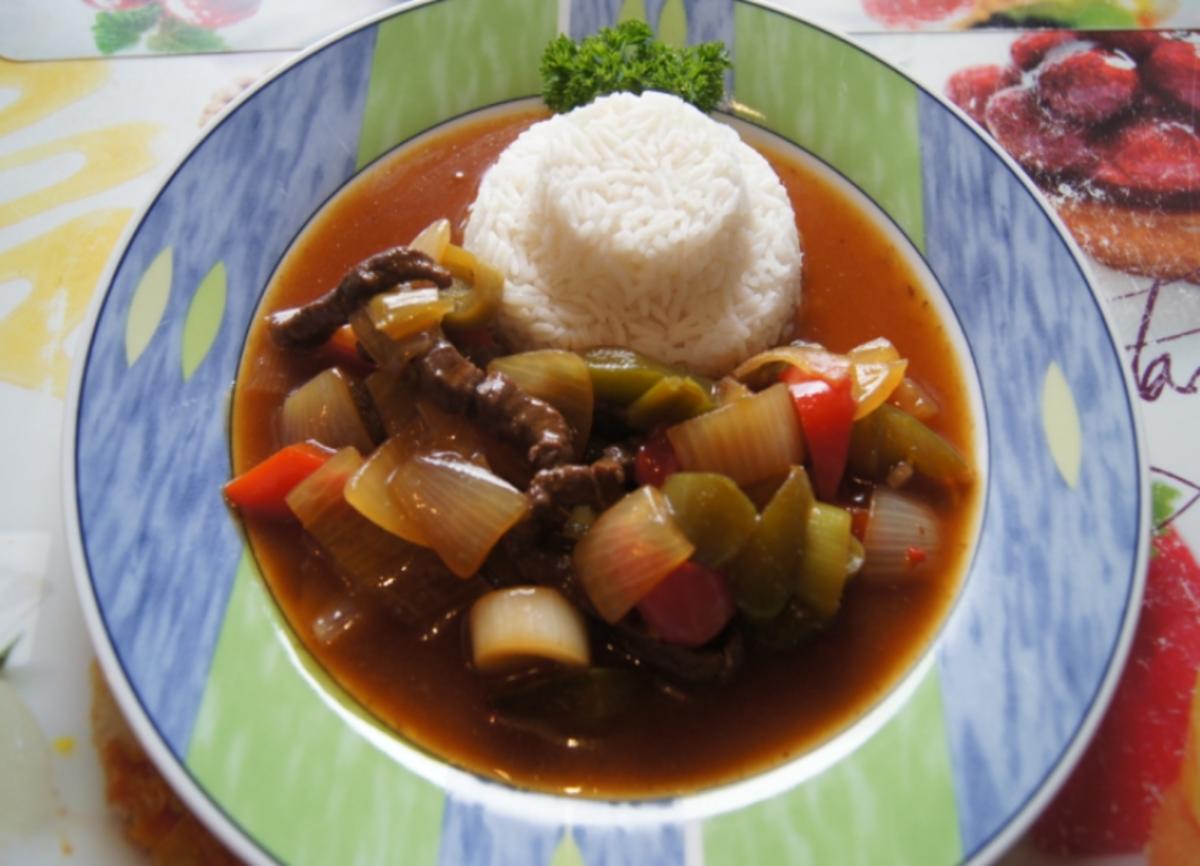 Rindfleischstreifen mit Gemüse im Wok und Basmati Reis - Rezept - Bild Nr. 3785
