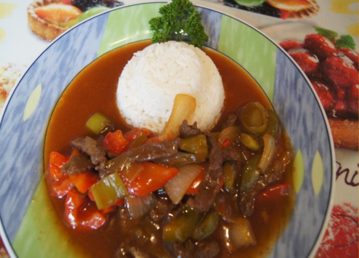 Rindfleischstreifen mit Gemüse im Wok und Basmati Reis - Rezept - Bild Nr. 3800