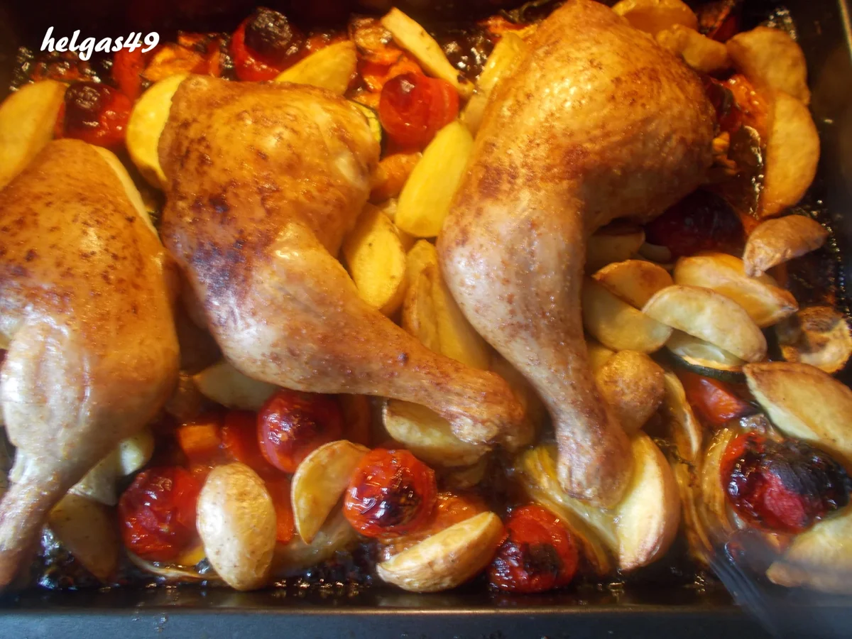 Rezept: Hähnchenschenkel auf Ofengemüse Bild Nr. 4006 Hähnchenschenkel auf Ofengemüse - Rezept - Bild Nr. 4006