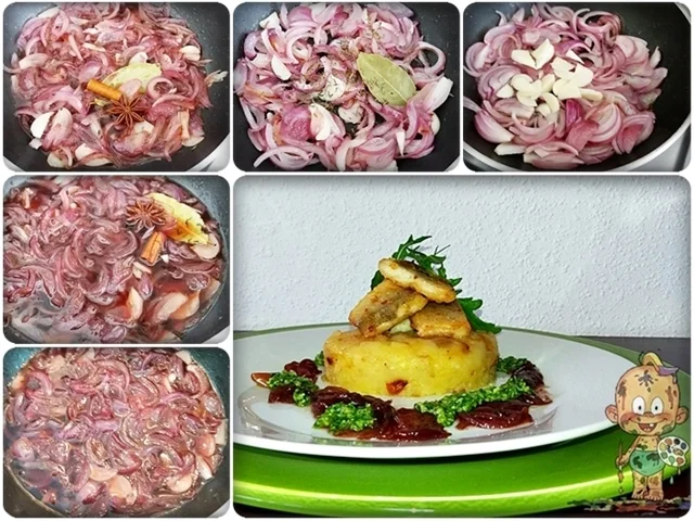 Zander auf Kartoffelbett mit Rotezwiebelmarmelade & Rucola-Pesto - Rezept - Bild Nr. 3831