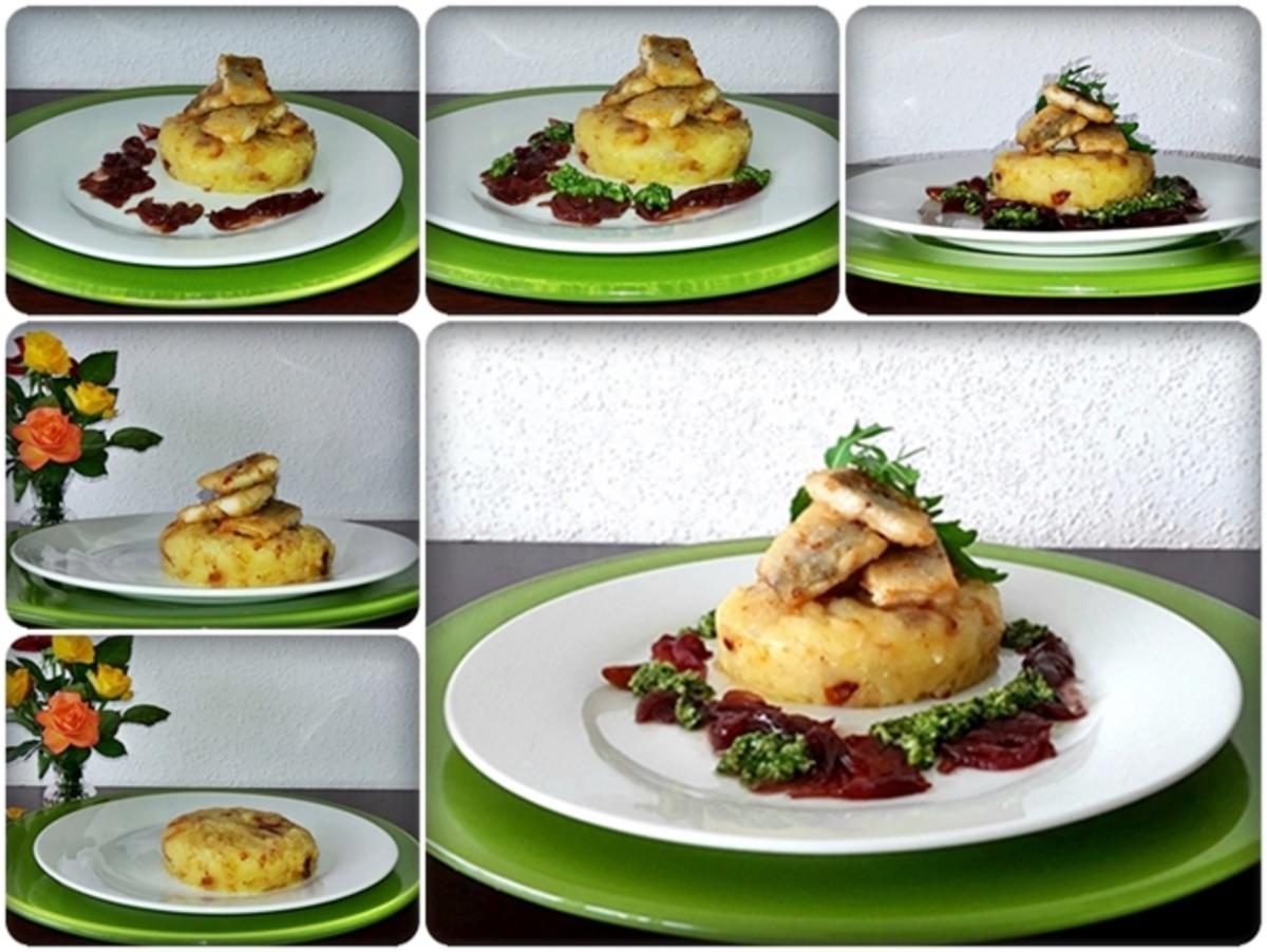 Zander auf Kartoffelbett mit Rotezwiebelmarmelade & Rucola-Pesto - Rezept - Bild Nr. 3838