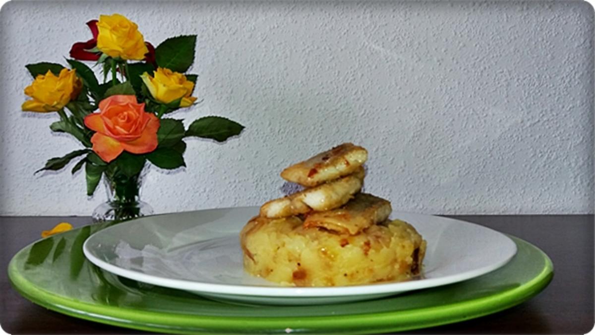 Zander auf Kartoffelbett mit Rotezwiebelmarmelade & Rucola-Pesto - Rezept - Bild Nr. 3840