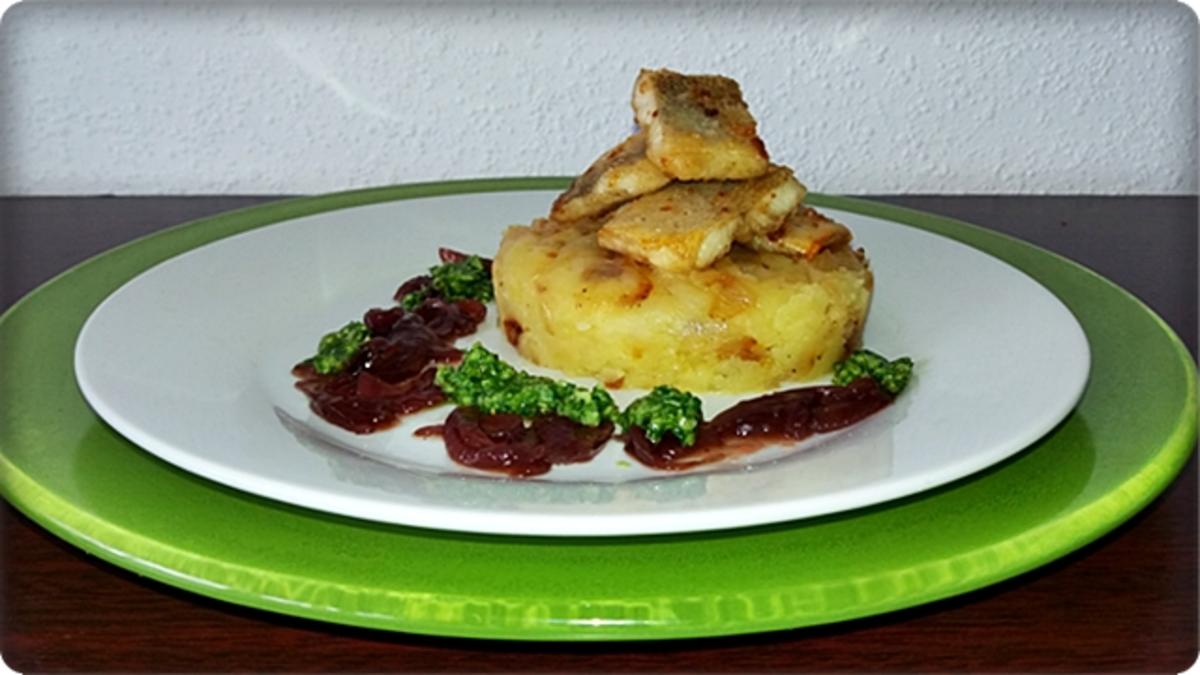 Zander auf Kartoffelbett mit Rotezwiebelmarmelade & Rucola-Pesto - Rezept - Bild Nr. 3842