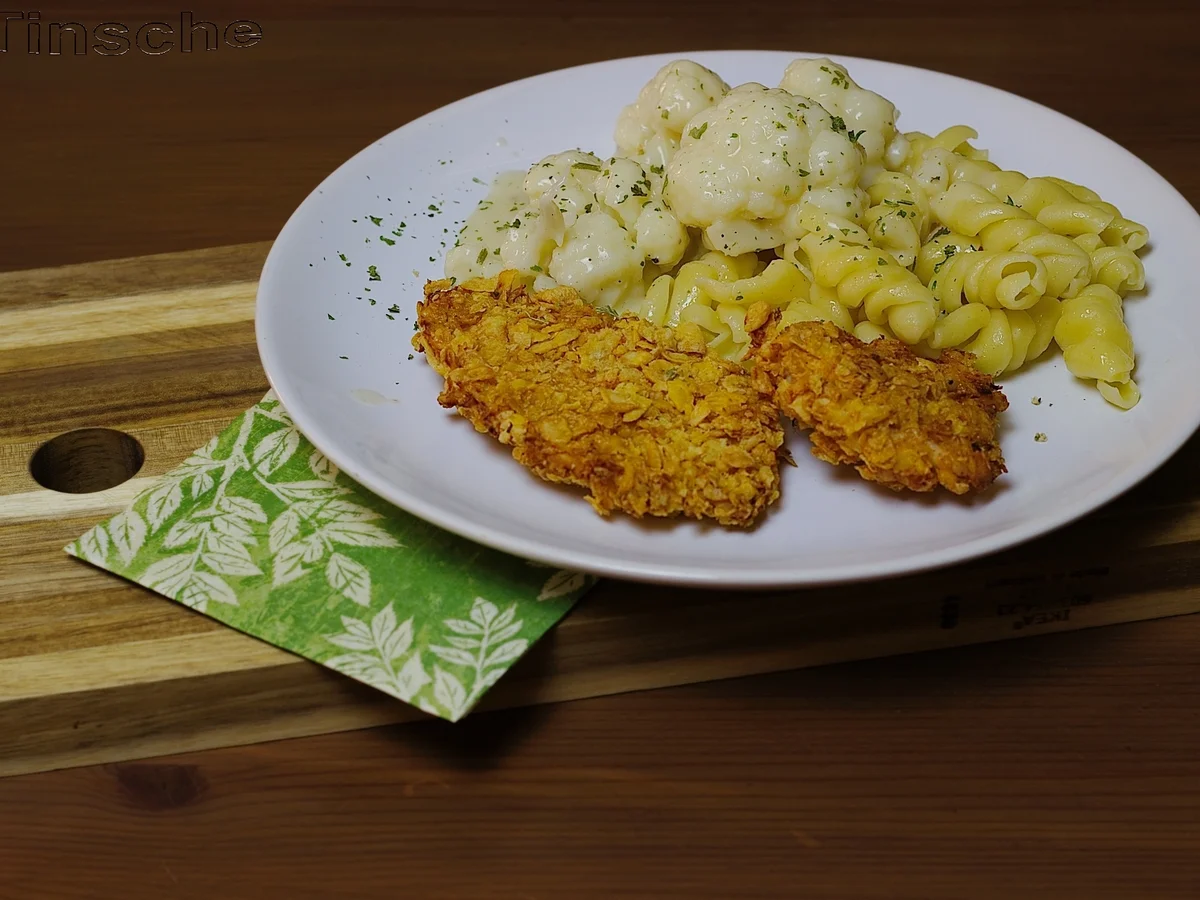 Knusperschnitzel aus dem Backofen mit Blumenkohl & Nudeln - Rezept - Bild Nr. 2