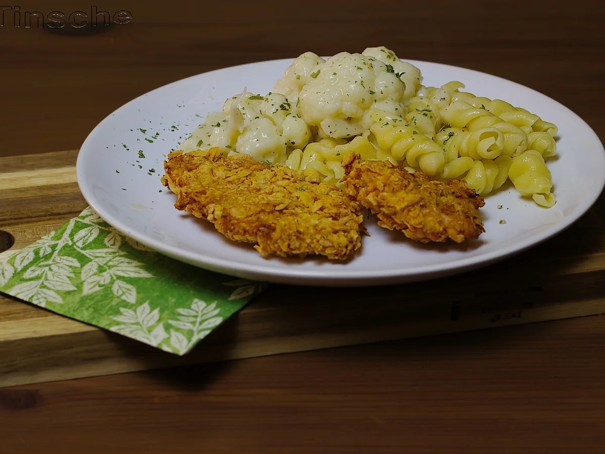 Knusperschnitzel aus dem Backofen mit Blumenkohl & Nudeln - Rezept - Bild Nr. 3