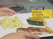 Saltimbocca mit selbstgemachten Tagliatelle in Safranbutter mit gefüllter Zucchini - Rezept - Bild Nr. 2